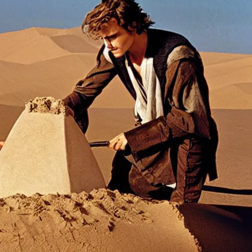 Image similar to Picture of hayden christensen as Anakin Skywalker building a sand castle on Tatooine, award-winning