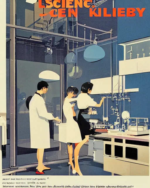 Image similar to science lab. clean cel shaded vector art. illustration art by tatsuro kiuchi and and john berkey 1 9 6 0 s psychology book cover