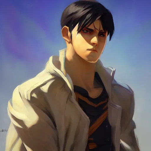 Image similar to greg manchess portrait painting of eren jeager as overwatch character, design in overwatch style, medium shot, asymmetrical, profile picture, organic painting, sunny day, matte painting, bold shapes, hard edges, street art, trending on artstation, by huang guangjian and gil elvgren and sachin teng