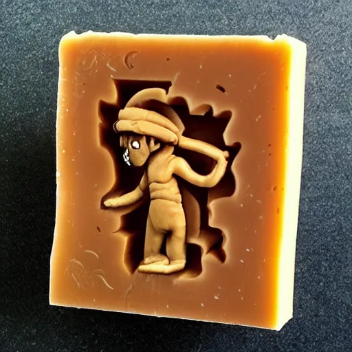 Image similar to the main character from spelunky carved out of a bar of soap