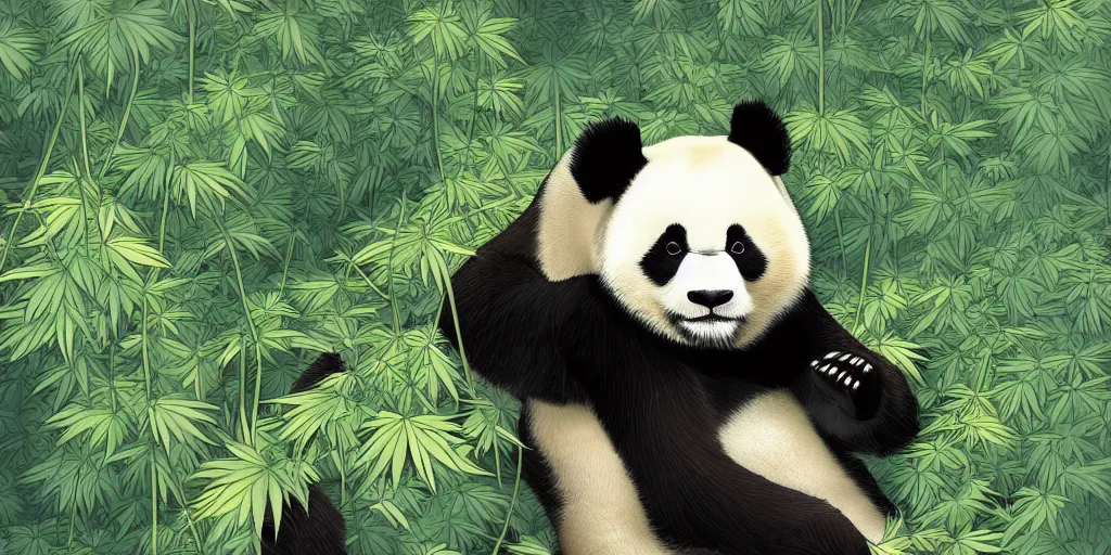 Prompt: beautiful aesthetic digital illustration of a relaxed panda surrounded by an endless forest of weed wlop and Julia Razumova, realistic, photorealistic, hyperrealistic, unreal engine, octane, deviantArt, trending on artstation, artstation HQ