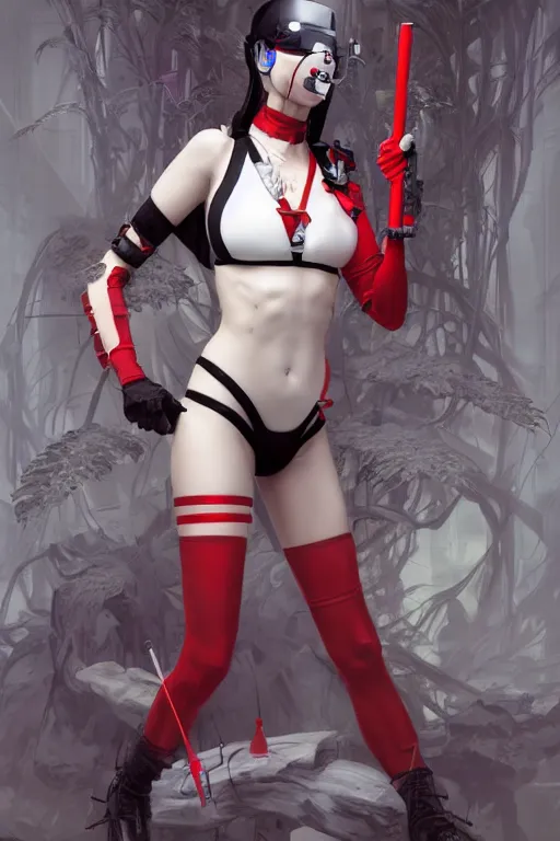 Image similar to covid - 1 9 nurse holding a syringe, wearing nurse bikini armor, black and white and red bodysuit, cyberpunk, neo - gothic, by tom bagshaw and alphonse mucha and atey ghailan and artgerm and and greg rutkowski and hajime soriyama, ultra detailed, hyper realistic, octane render, trending on artstation