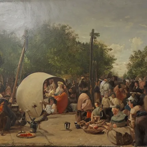 Prompt: a massive dutch oven with people drinking in front of it, oil painting