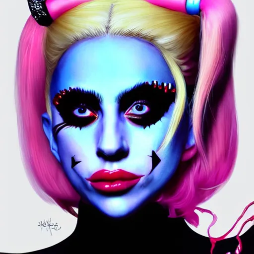 Prompt: the hyper - realistic portrait of lady gaga as harley quinn, trending on artstation