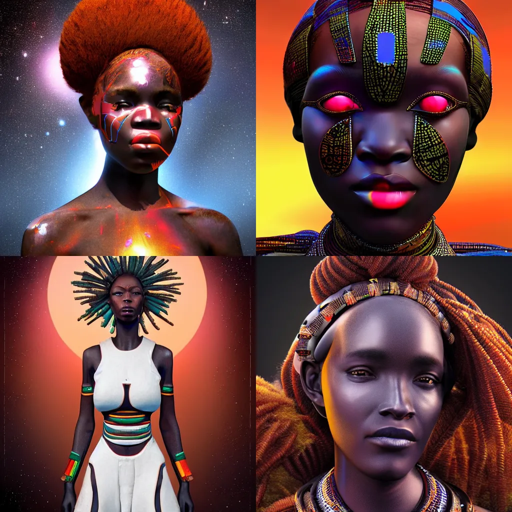 Prompt: beautiful afrofuturistic himba woman wearing otjize and a glowing spacesuit, robotic arms, weightless in space, hyperrealistic, scifi, concept art, digital art, portrait, dark, muted colors