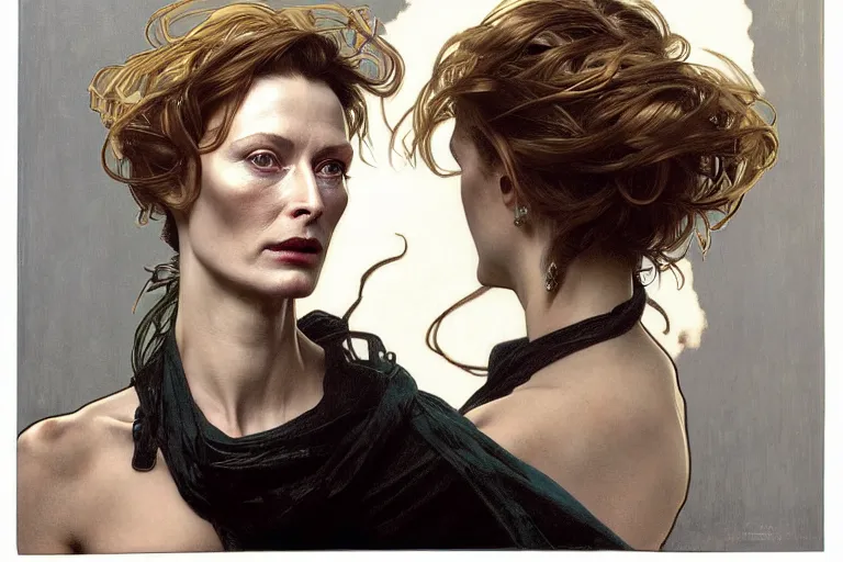 Image similar to hyper realistic portrait of tilda swildon, from the side, by lee bermejo, alphonse mucha and greg rutkowski