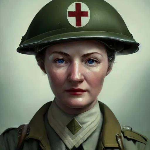 Prompt: ww 2 picture of a medic lady, realistic, 8 k, extremely detailed, cgi, trending on artstation, hyper - realistic render, 4 k hd wallpaper, premium prints available, octane render, award winning, by greg rutkowski