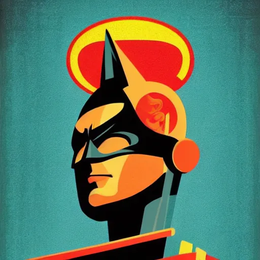Prompt: retro poster with a painting of batman, an art deco painting by tom whalen, trending on behance, art deco, digital illustration, storybook illustration, art deco, flat shading, vector art, airbrush