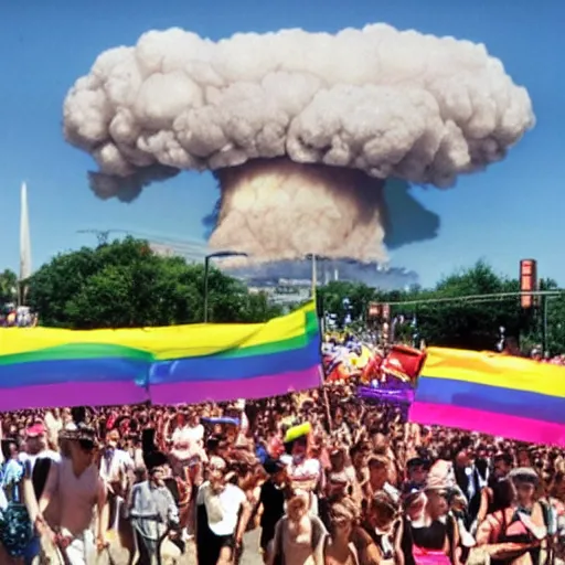 Prompt: nuclear explosion in the background of a pride parade