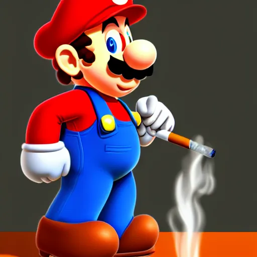 Image similar to Super Mario smoking a cigarette, dramatic moody light, 4k, trending on artstation, digital art