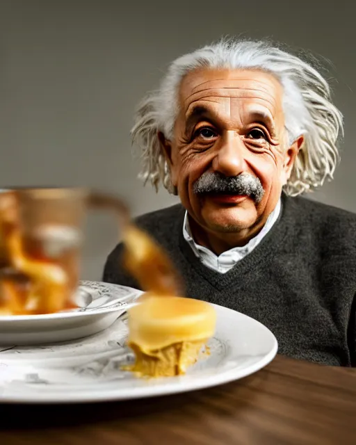 Image similar to a portrait of albert einstein sitting at the dining table with a plate containing caramel custard in front of him, highly detailed, trending on artstation, bokeh, 9 0 mm, f / 1. 4