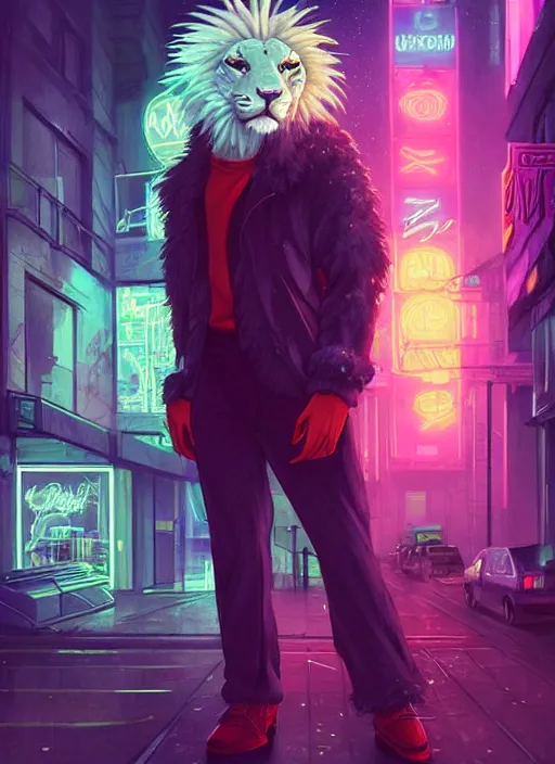 Image similar to beautiful portrait commission of a albino male furry anthro lion wearing a tiger striped jacket. vaporwave city at night in the rain. Neon light. Atmospheric. Character design by charlie bowater, ross tran, artgerm, and makoto shinkai, detailed, inked, western comic book art