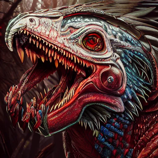 Image similar to 8k ultra realistic Illustration of a raptor with shining red eyes, detailed intricate ornate armour, decaing, cybernetic, full of colour, cinematic lighting, battered, trending on artstation, 4k, hyperrealistic, focused, extreme details, unreal engine 5, cinematic, masterpiece, art by ayami kojima, giger