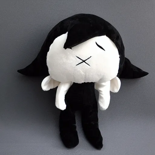 Image similar to cute fumo plush of a shy nightmare girl npc who hides behind corners, black and white