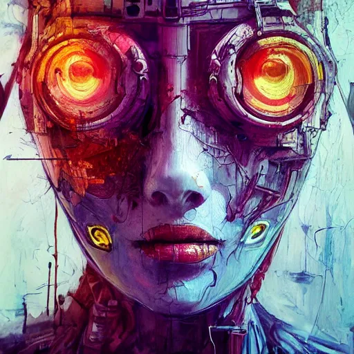 Prompt: human 3 d by woo, beautiful woman head made of mech mask rendered in unreal engine, cyberpunk, dark, scifi, painted by david burliuk | bernard buffet | carne griffiths | stanislaw lem