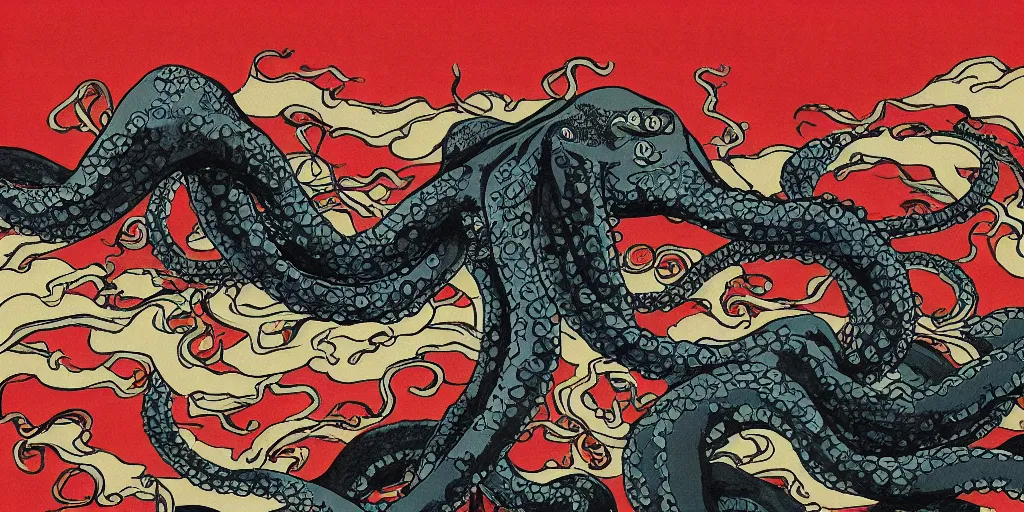 Prompt: giant octopus taking over kyoto, cinematic view, in the style of yamato - e traditional painting, dramatic atmosphere