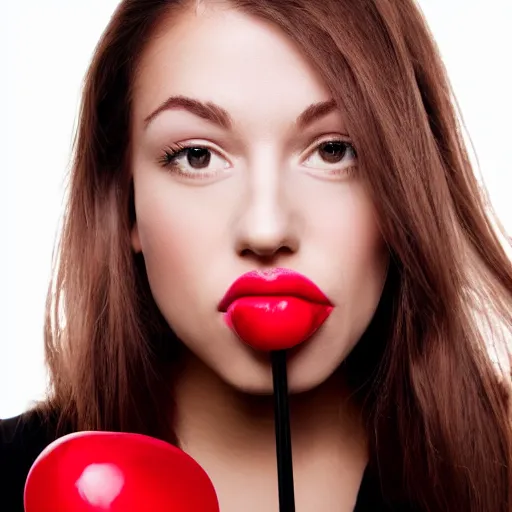 Prompt: Professional studio photo of a woman's lips on a bright red cherry lollipop, studio lighting, rule of thirds, depth of field, realistic, high resolution, 8k 64 megapixel