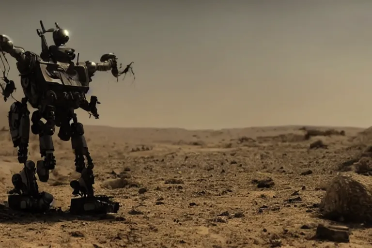 Prompt: VFX movie of a futuristic alien robot mercenary closeup in war zone, natural lighting by Emmanuel Lubezki