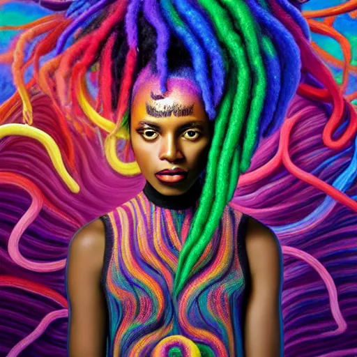 Image similar to a wide angle shot of a black girl with colorful dreadlocks in a field of candy, by Adi granov and afarin sajedi and amanda sage and evgeni gordiets and Agostino Arrivabene and adonna khare in a psychedelic portrait style, ultrarealistic matte painting, volumetric lighting, fractal, extremely symmetrical, highly detailed face, orisha, 8k, hd