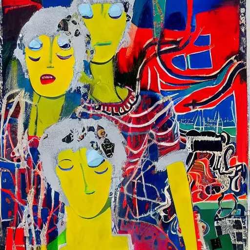 Prompt: acrylic painting of two bizarre psychedelic women embracing in japan in winter, speculative evolution, mixed media collage by basquiat and jackson pollock, maximalist magazine collage art, sapphic art, psychedelic illustration