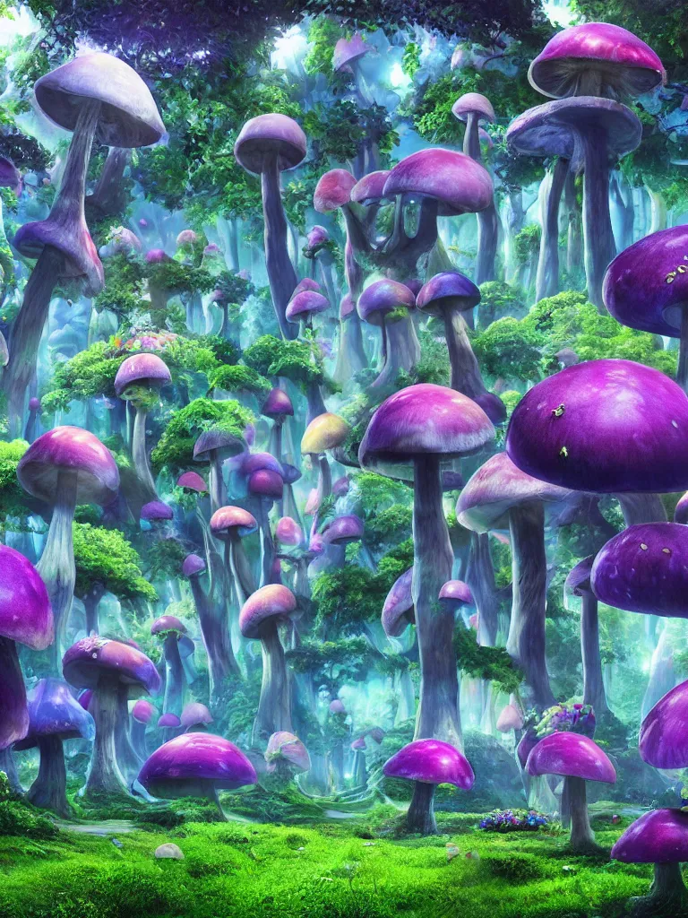 Image similar to a beautiful otherworldly fantasy landscape of giant mushroom trees forming canopies over bright colorful mythical floral plants, like alice in wonderland, rendering, cryengine, deep glowing color, blue and purple and green colors, vray render, cinema 4 d, cgsociety, bioluminescent