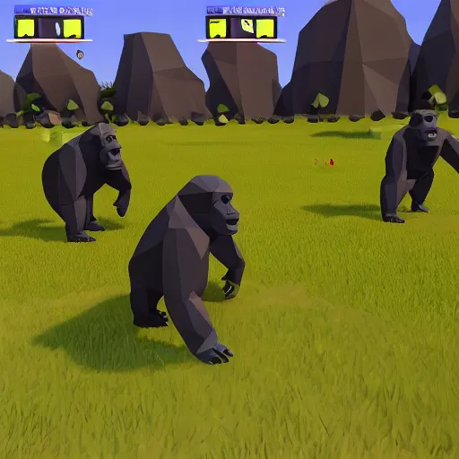 Image similar to gorillas without legs and using their arms to move. playing a game of tag in low poly video game