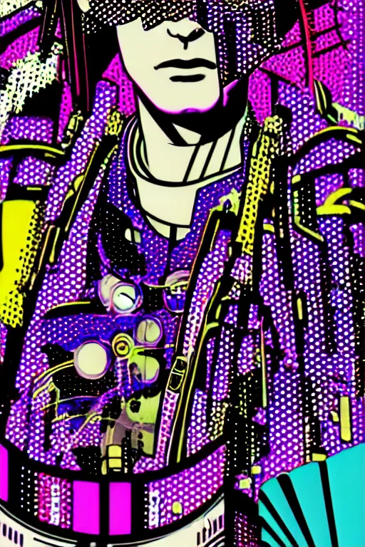 Image similar to futuristic japanese cyberpunk by roy lichtenstein, by andy warhol, ben - day dots, pop art, bladerunner, pixiv contest winner, cyberpunk style, cyberpunk color scheme, mechanical, high resolution, hd, intricate detail, fine detail, 8 k
