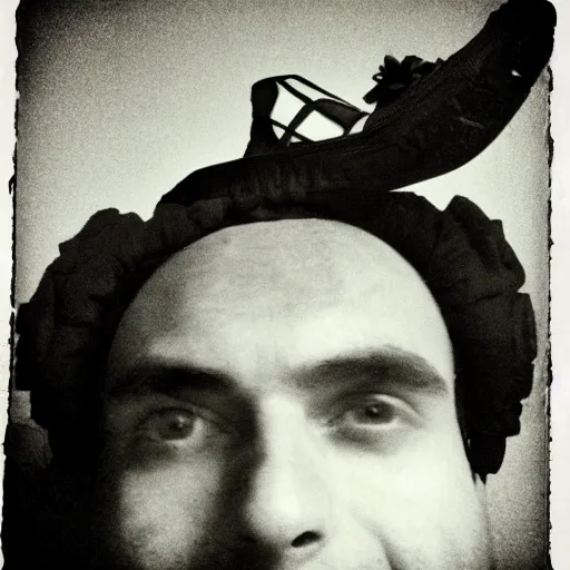 Prompt: Selfie of a man with a shoe on his head.