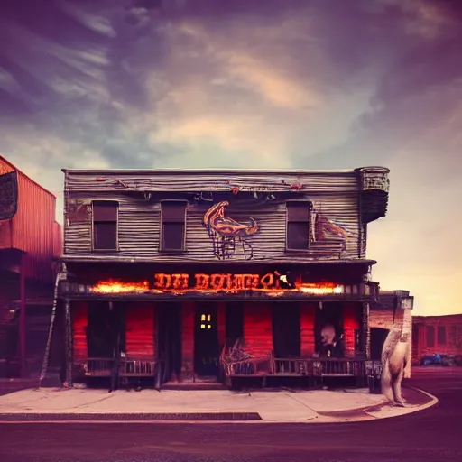 Image similar to exterior of the doom saloon by wlop and beeple