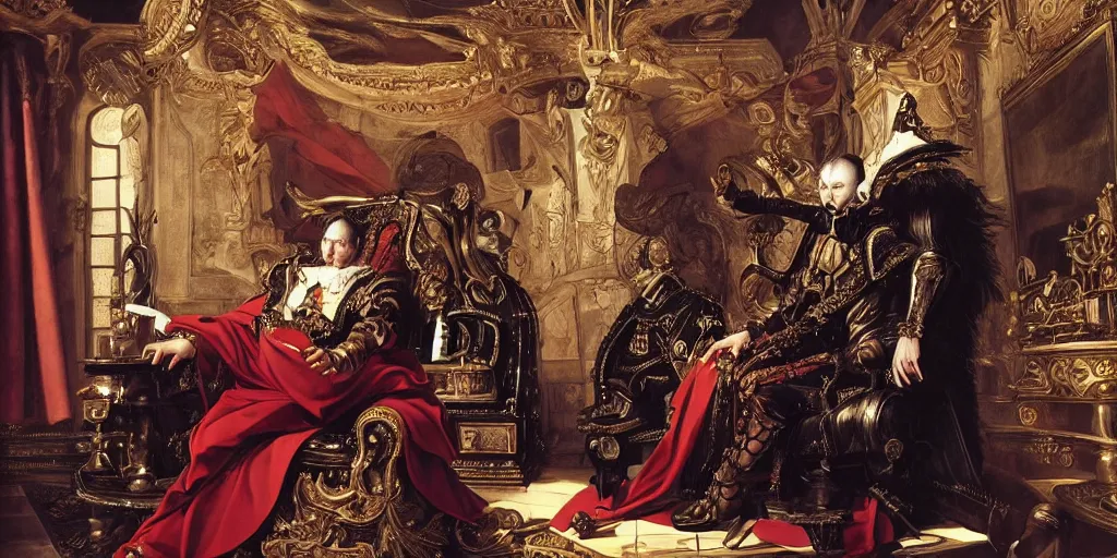 Prompt: epic, low angle, digital painting, of a 1 7 th century, decadent, cyborg king holding court in his throne room, dark hair, piercings, amber jewels, baroque, ornate dark red opulent clothing, scifi, futuristic, realistic, hyperdetailed, concept art, art by caravaggio, masterpiece