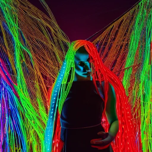 Image similar to woman in a long, flowing dress made of multi-colored wires and cables on a dark, misty night