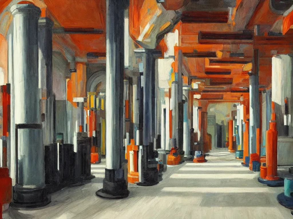 Prompt: colorful minimalist industrial interior hallway with monolithic pillars in the style of ridley scott and stanley kubrick, impossible stijl architecture, crowded with victorian era figures, ultra view angle view, realistic detailed painting by edward hopper