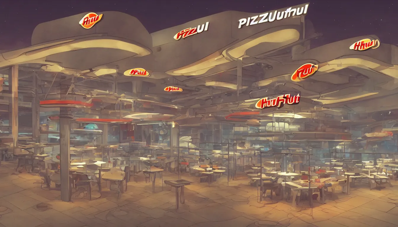 Image similar to futuristic Pizza Hut at night, trending on artstation