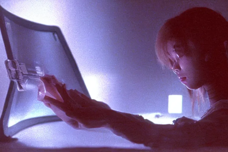 Prompt: alien using a computer to check her email submerged in translucent goo, over the shoulder perspective, in 1 9 8 5, y 2 k cybercore, industrial low - light photography, still from a kiyoshi kurosawa movie