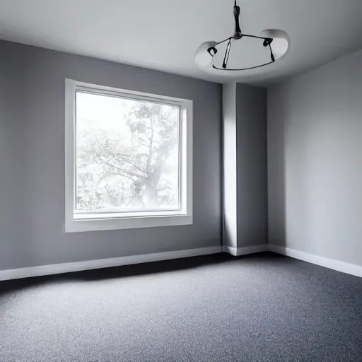 Image similar to empty bedroom, grey carpet on the floor, blank white walls, soft ceiling light, single window on the right side, XF IQ4, 150MP, 50mm, F1.4, ISO 200, 1/160s, natural light