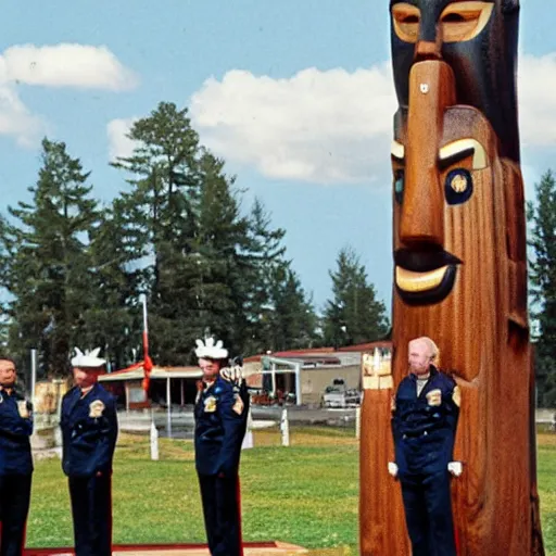 Image similar to us navy officers standing around a totem pole