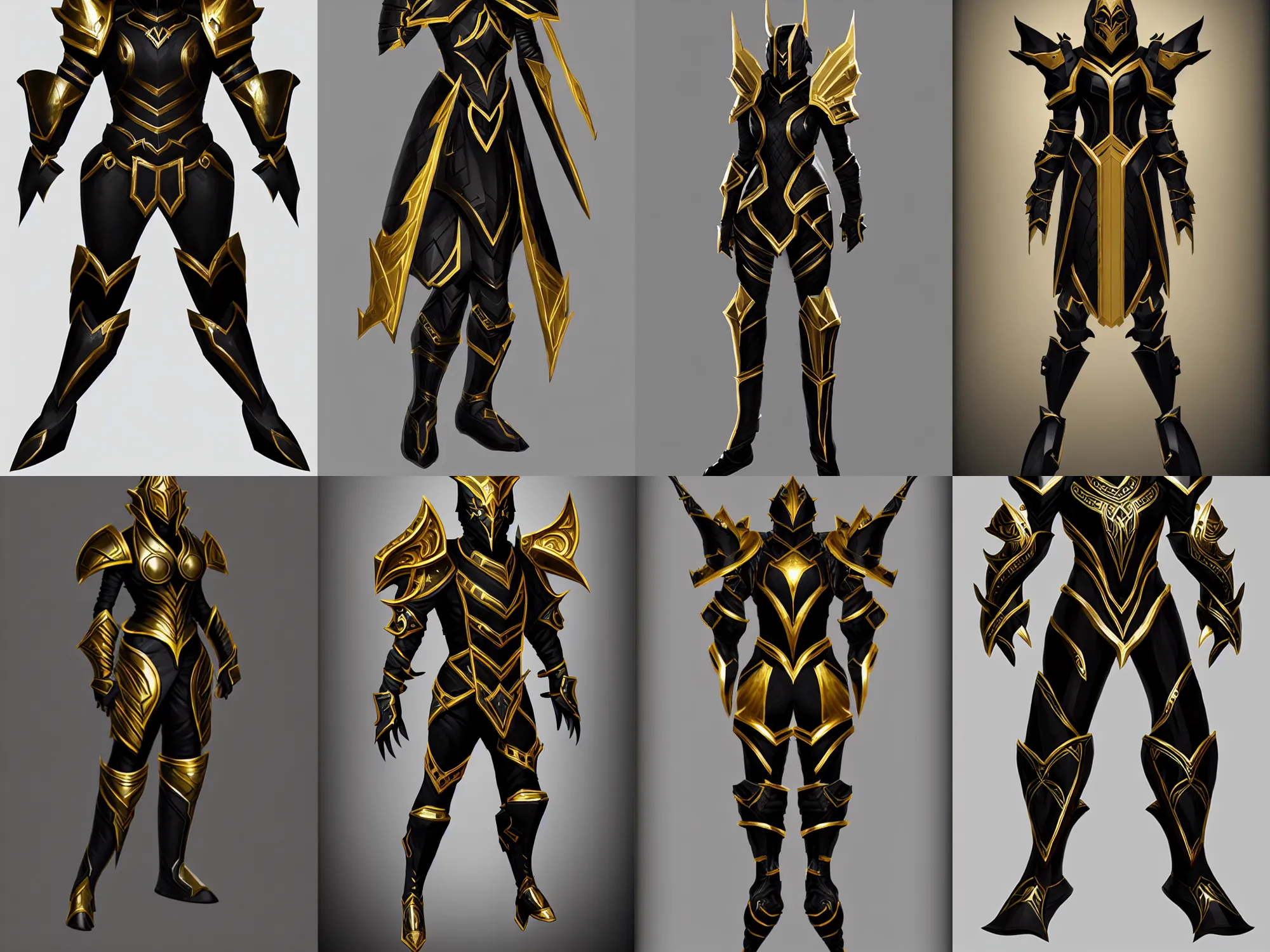 Prompt: legendary armor, black with gold trim, extremely polished, exaggerated proportions, trending on polycount, fantasy character portrait, professional concept art, front view, A-pose, full body