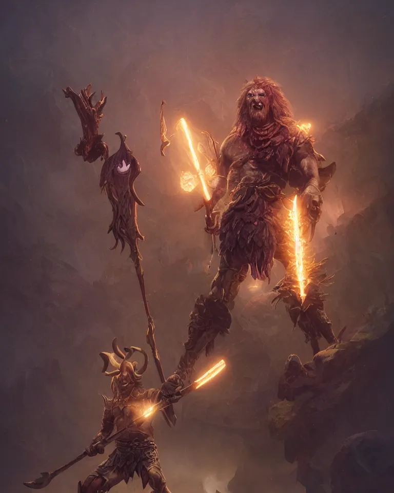 Prompt: portrait of a fantasy barbarian minotaur with giant horns, golden nose ring, purple fungal organic prosthetic arm, wielding an axe with a bone handle, glowing aura, 4 k, concept art, matte painting, greg rutkowski, artstation