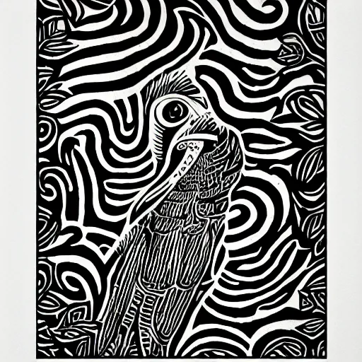 Image similar to magpie bold stylized block print, 4k, black ink on white paper