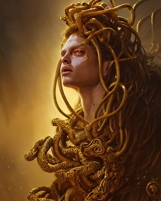 Image similar to fierce medusa in an golden robe, fantasy character portrait, ultra realistic, concept art, intricate details, highly detailed by greg rutkowski, gaston bussiere, craig mullins, simon bisley