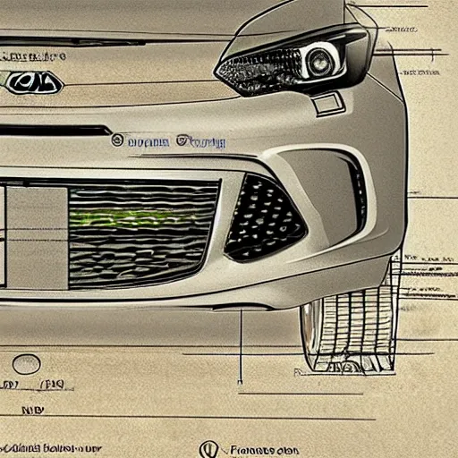 Prompt: leonardo de vincis detailed schematics of a kia forte, drawn