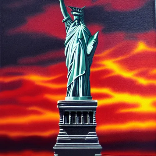 Image similar to the stature of liberty holding a taser. apocalypse painting. masterpiece. red sky, moody, gothic