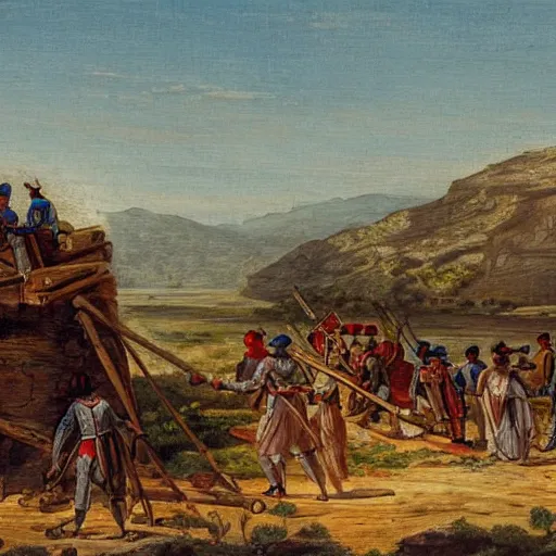 Prompt: this historical 1 7 9 0 s painting depicts a medium full wide shot scene from a fantastical empire that is a mix of middle eastern and scandinavian cultures. the main export of this empire is lumber, and the painting shows a group of workers carrying lumber through a desert landscape.