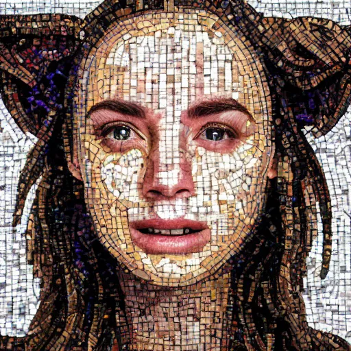 Image similar to portrait mosaic of a beautiful cute girl with robot ears and eyes by joe biden, 4k, intricate details, digital, between heaven and hell