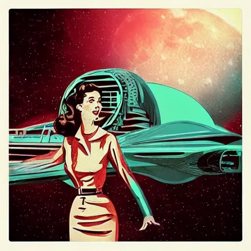 Prompt: “retro 1950’s dead space engineer, beautiful woman with brown hair in a futuristic city made of glass, stars and moon. It is art deco style, 1950’s, glowing highlights, teal palette, Horror, dramatic”