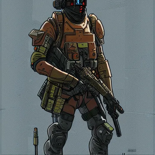 Image similar to a cyberpunk soldier with tactical gear and a rifle on mars, Industrial Scifi, detailed illustration, character portrait, by Martin Grip and Moebius
