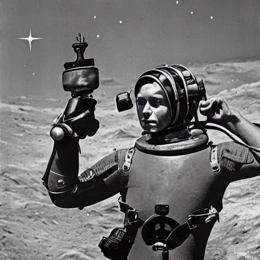 Image similar to detailed photo of a diver wearing an early diving suit on the moon holding an electric guitar. old diving suit. old diving suit photos. detailed. colorized. Adrienne Beacco Photography