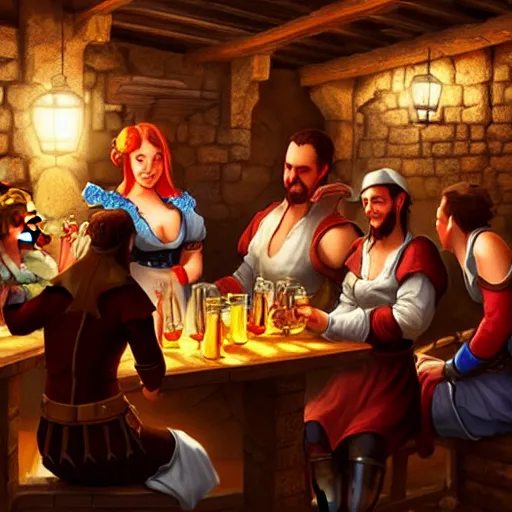 Image similar to medieval tavern with barmaid and patrons drinking, artstation, fantasy