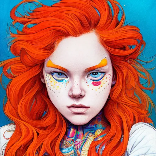 Prompt: portrait painting of a teenage girl with swept back wild orange hair, fashionable, windy, face paint, sharp focus, award - winning, trending on artstation, masterpiece, highly detailed, intricate. art by josan gonzales and moebius and deathburger