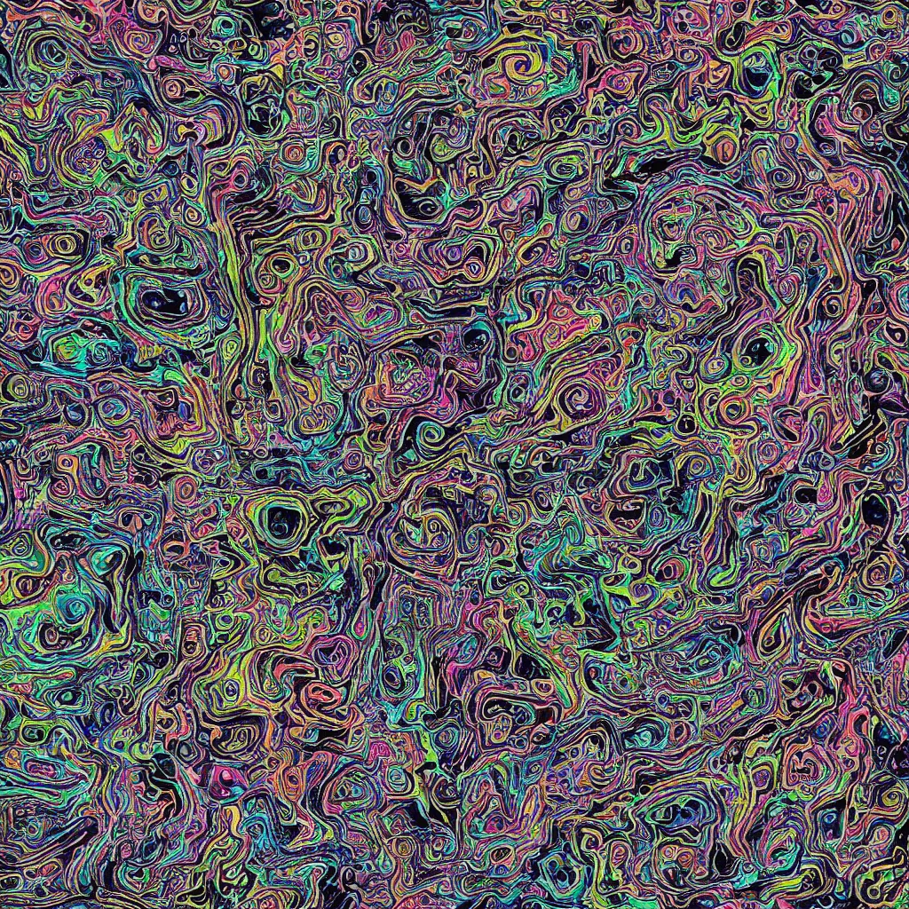 Image similar to colorful topo camo, swirls, technical, acrylic, eyes, teeth, death metal, eerie, tribal, clay, dotting, lines, stipple, points, cybernetic, style of old painting, francis bacon art, sleep paralysis, hypnosis, eerie, terror, oil, neon, black and white, circles, varying width, colorful dots, ominous, abstract